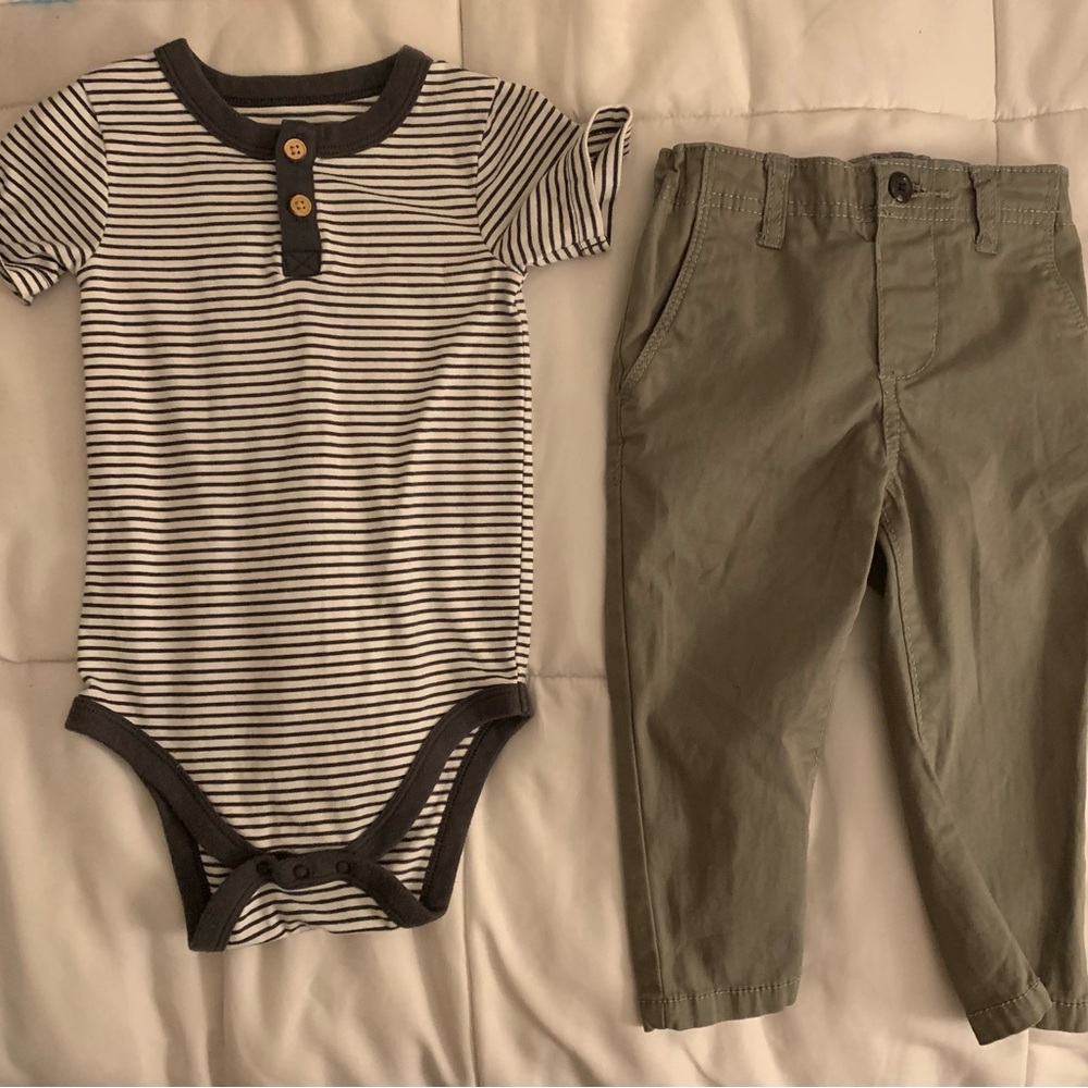 Cat & Jack Black and White Striped Onesie and OshKosh Pants, 18months